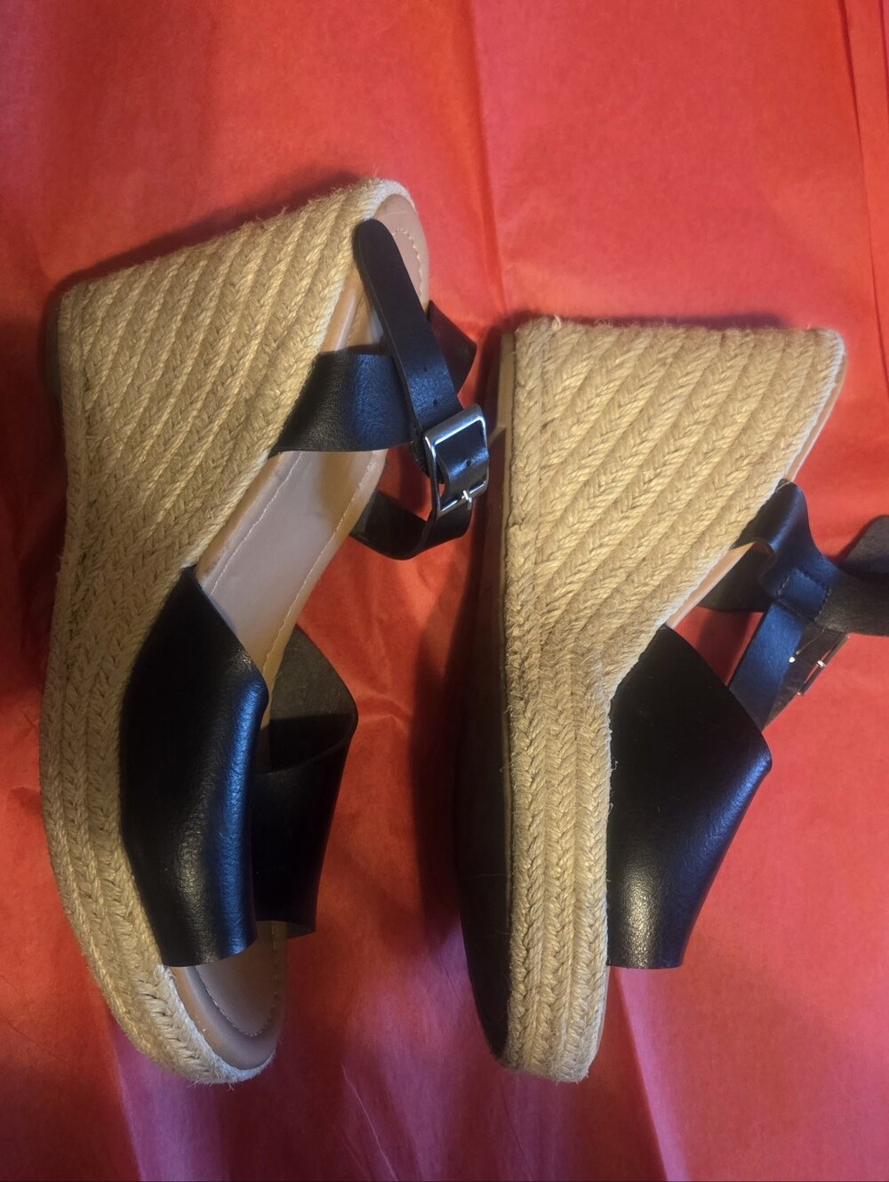 Black Wedge Sandal with Espadrille Jute Trim - Size 8.5